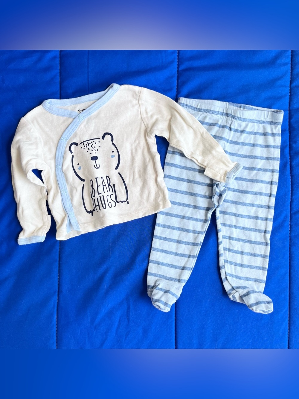 GERBER Organic Off-White Blue Bear Long Sleeve & Pant Outfit Set 3-6 Months